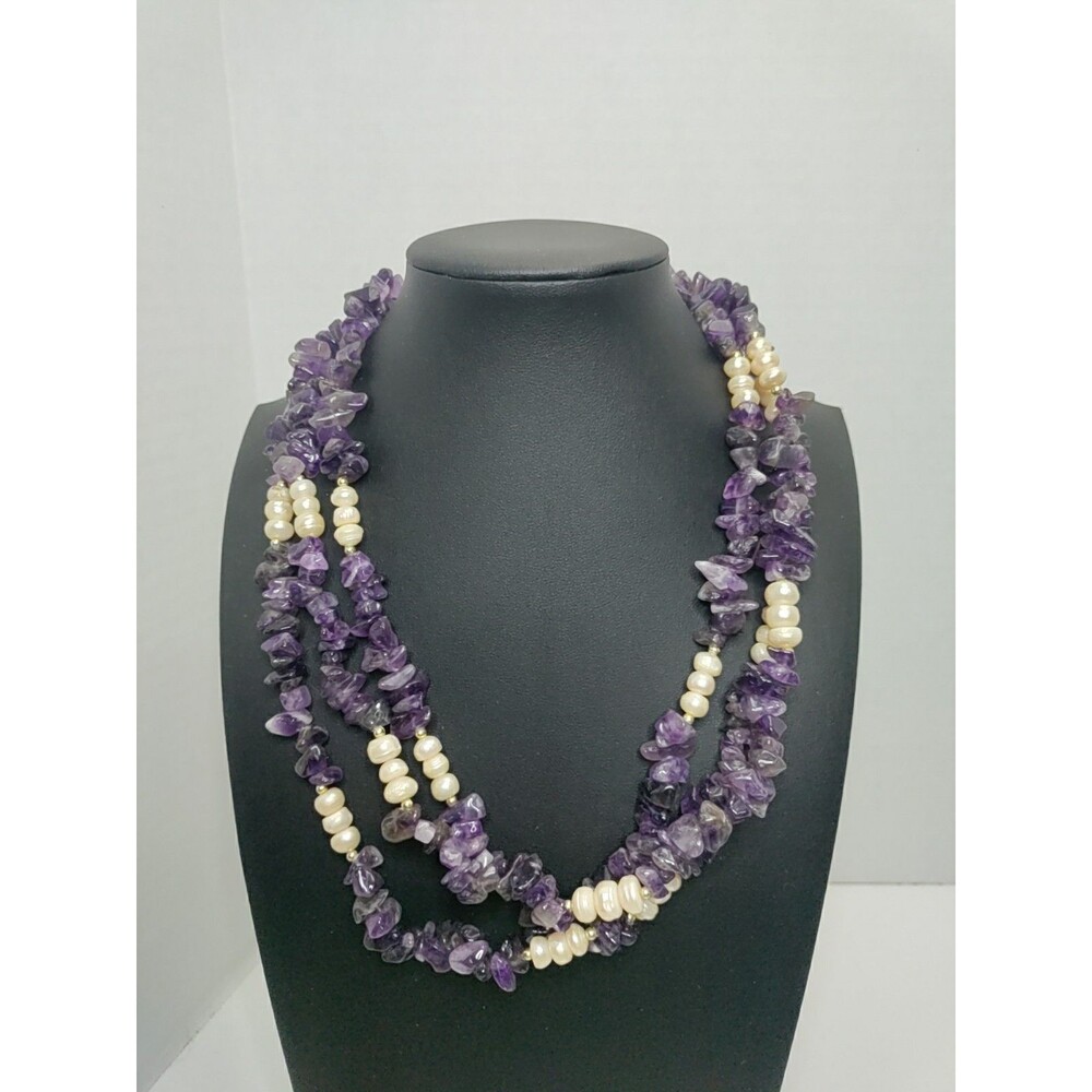 3 Strand Amethyst & Baroque Pearl Necklace 16"  5.6 Oz